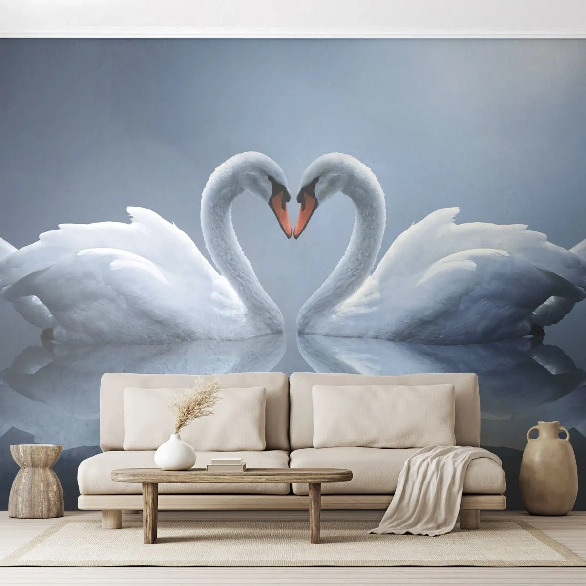Papier Peint Photo Premium Sand - Deux cygnes formant un cœur sur l'eau - 100x70cm - Le temps de l'amour - Décoration murale moderne pour le salon et la chambre ARTTOR
