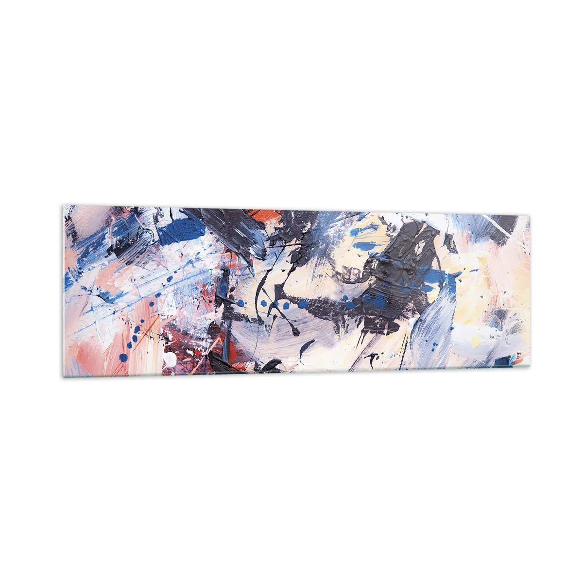 Impression sur verre - Image sur verre - Abstraction avec des coups de pinceau dynamiques en bleu et rouge. - 160x50cm - La danse folle de l'abstrait - Décoration murale moderne pour le salon et la chambre ARTTOR