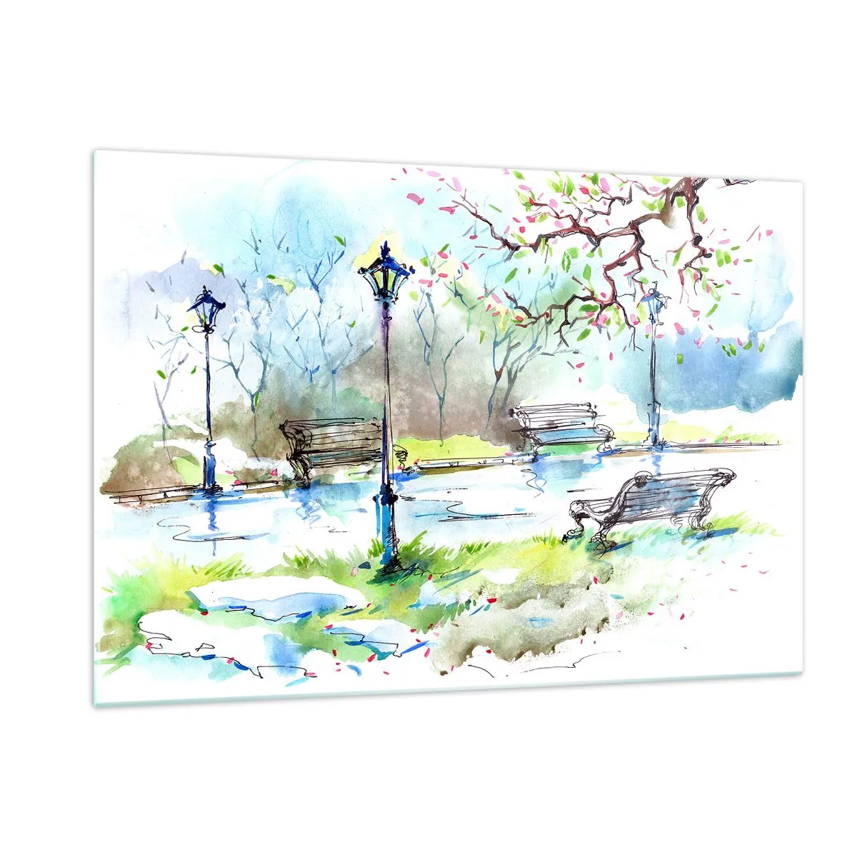 Impression sur verre - Image sur verre - Aquarelle représentant une scène de parc avec des bancs et des lanternes - 120x80cm - Le charme du silence d'un parc - Décoration murale moderne pour le salon et la chambre ARTTOR