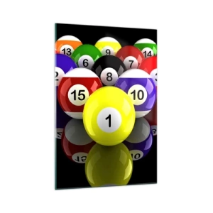 Impression sur verre - Image sur verre - Boules de billard colorées disposées en triangle sur fond noir - 70x100cm - Différentes couleurs de jeu - Décoration murale moderne pour le salon et la chambre ARTTOR