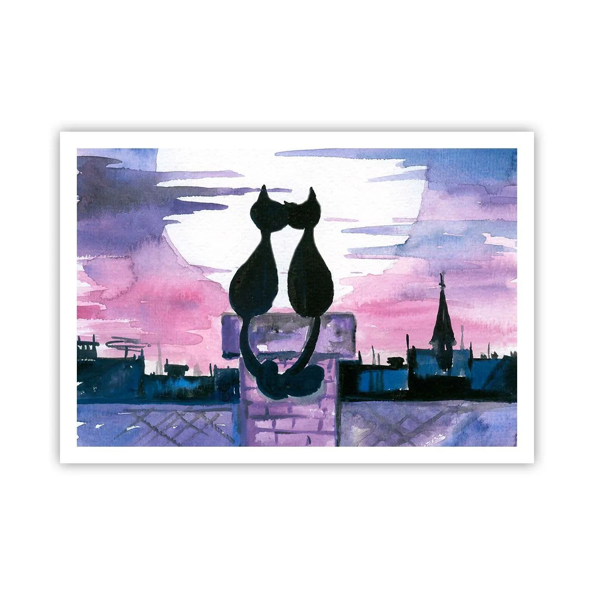 Affiche - Poster - Chats noirs sur un toit au clair de lune dans un décor aquarelle - 100x70cm - Rendez-vous sous la lune - Décoration murale moderne pour le salon et la chambre ARTTOR