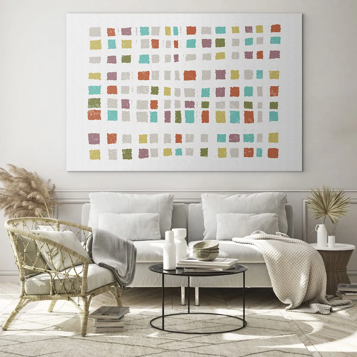 Impression sur verre - Image sur verre - Mosaïque colorée de carrés sur fond blanc dans un style abstrait - 70x50cm - Jeu inconnu - Décoration murale moderne pour le salon et la chambre ARTTOR