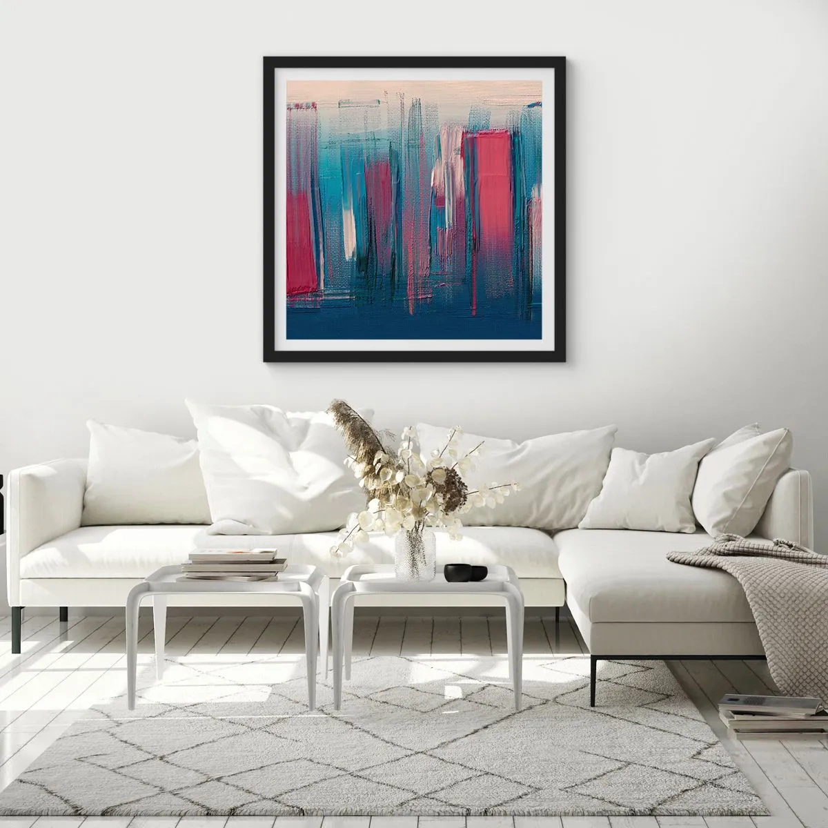 Affiche dans un cadre noir - Poster - Composition verticale en bleu et rouge - 30x30 cm