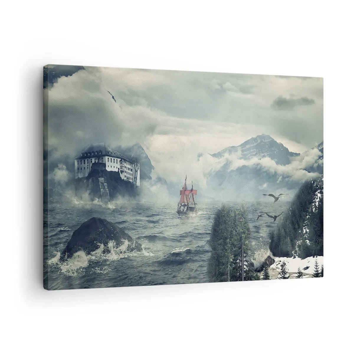Impression sur toile - Image sur toile - Un paysage mystérieux avec un château, des montagnes et un navire - 70x50cm - Dans l'eau magique - Décoration murale moderne pour le salon et la chambre ARTTOR