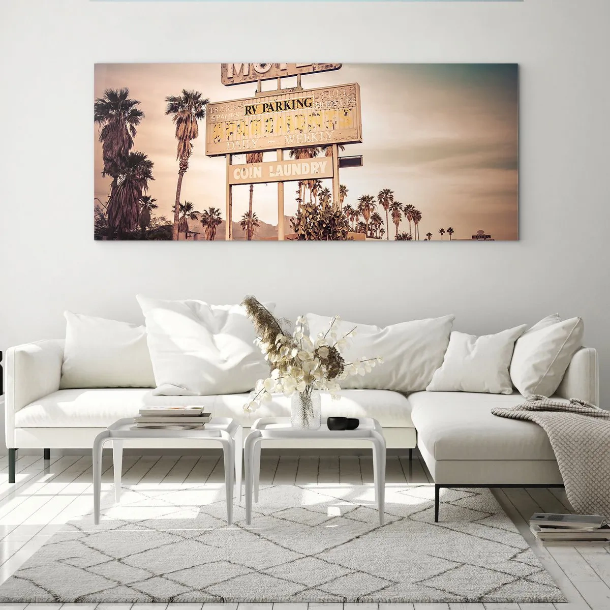 Impression sur verre - Image sur verre - Panneau de motel rétro entouré de palmiers - 140x50cm - Ici, le temps s'est arrêté - Décoration murale moderne pour le salon et la chambre ARTTOR