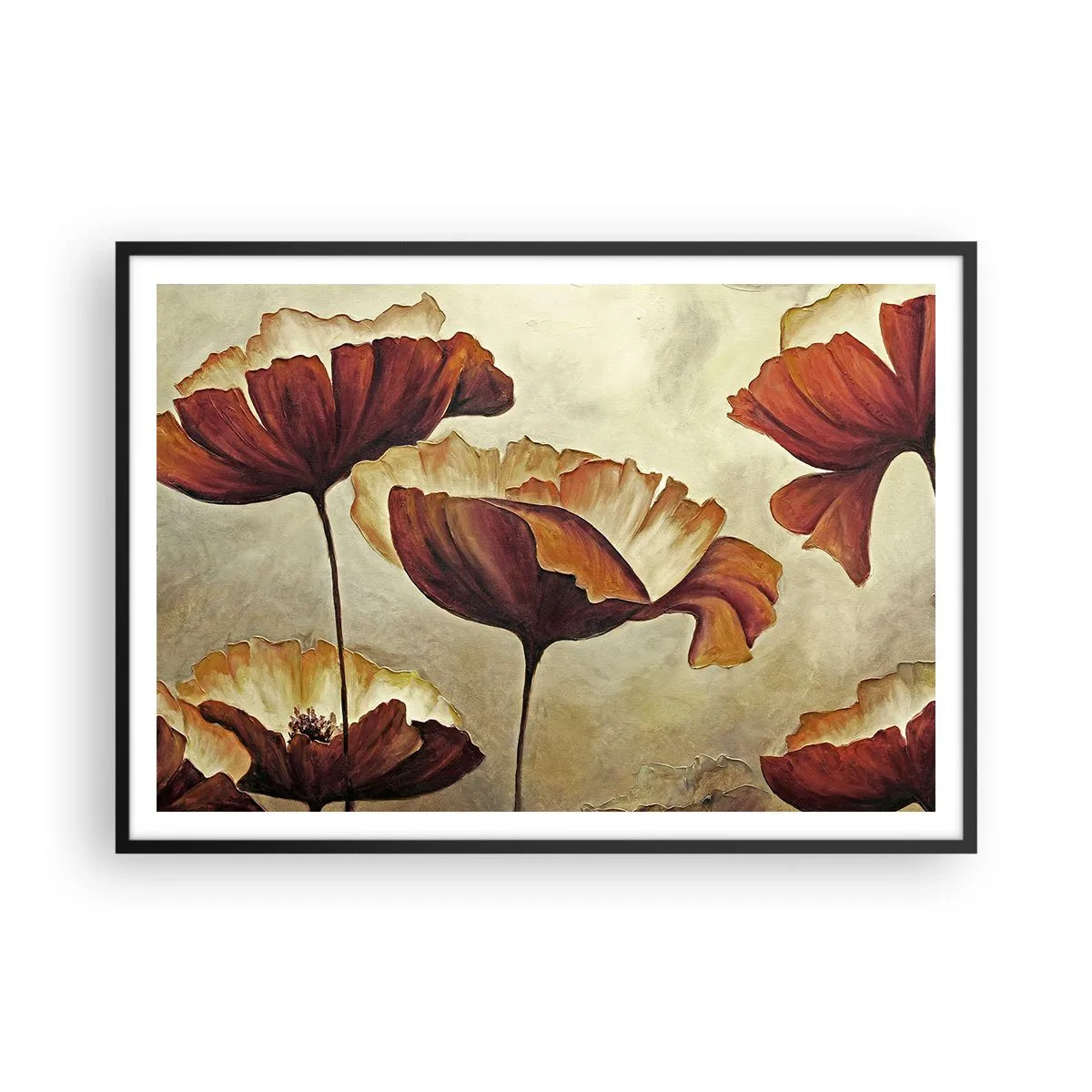 Affiche dans un cadre noir - Poster - Fleurs subtiles dans des tons de rouge et d'or sur un fond clair - 100x70cm - À la lisière des champs - Décoration murale moderne pour le salon et la chambre ARTTOR