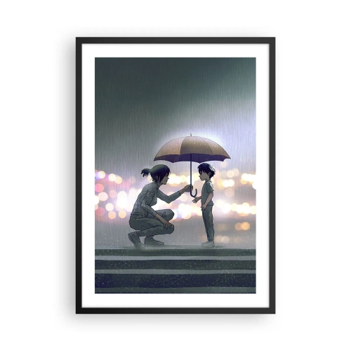 Affiche dans un cadre noir - Poster - Un adulte tendant un parapluie à un enfant sur fond pluvieux - 50x70cm - Et maintenant, tout va bien - Décoration murale moderne pour le salon et la chambre ARTTOR