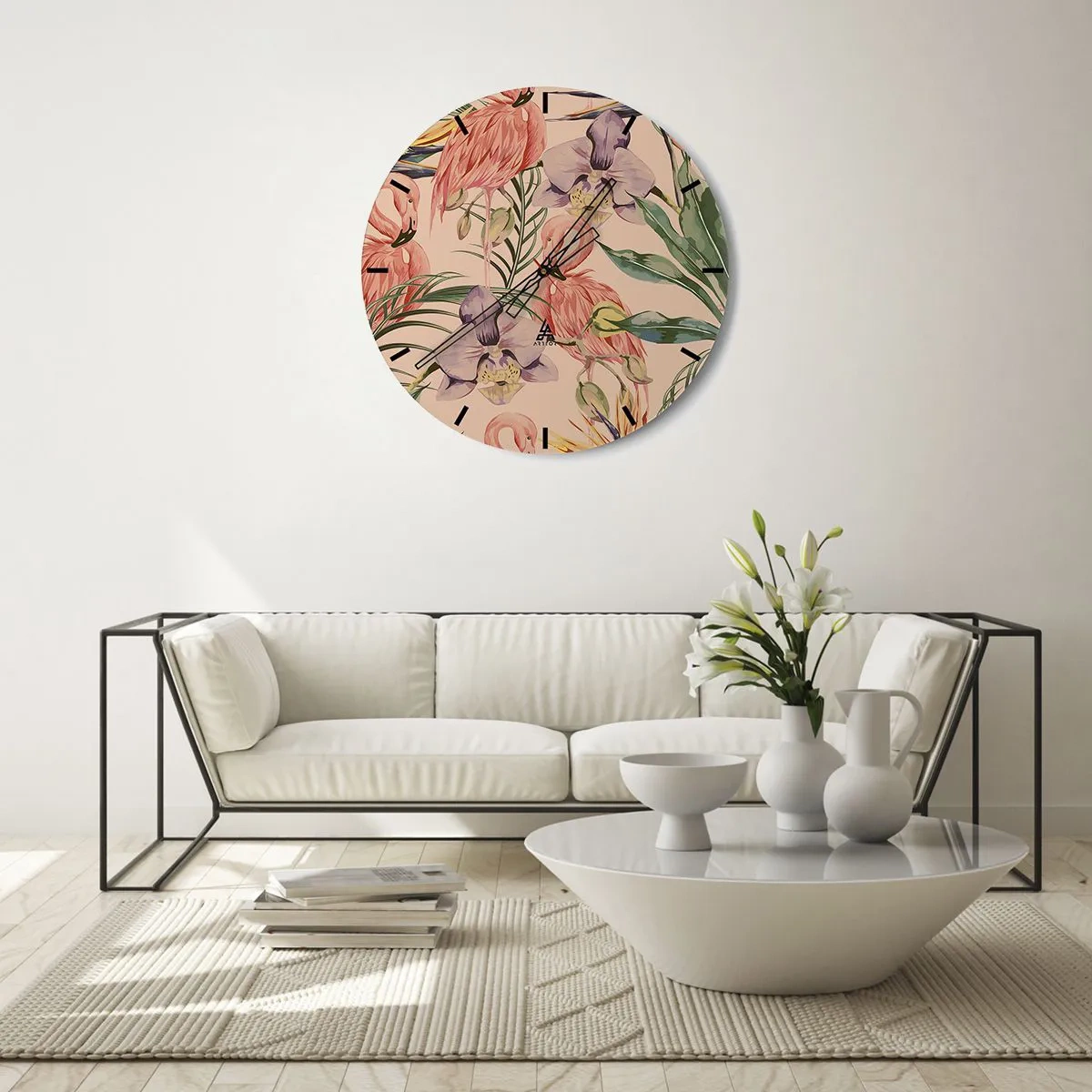 Horloge murale - Pendule murale - Flamants roses et fleurs sur fond beige - 30x30cm - Ballet rose dans les fleurs - Décoration murale moderne pour le salon, la cuisine et la chambre ARTTOR