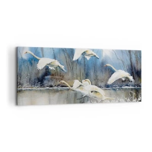 Impression sur toile - Image sur toile - Cygnes en vol au-dessus d'un lac gelé dans un paysage hivernal - 120x50cm - Comme dans un conte de fées sur les cygnes sauvages - Décoration murale moderne pour le salon et la chambre ARTTOR
