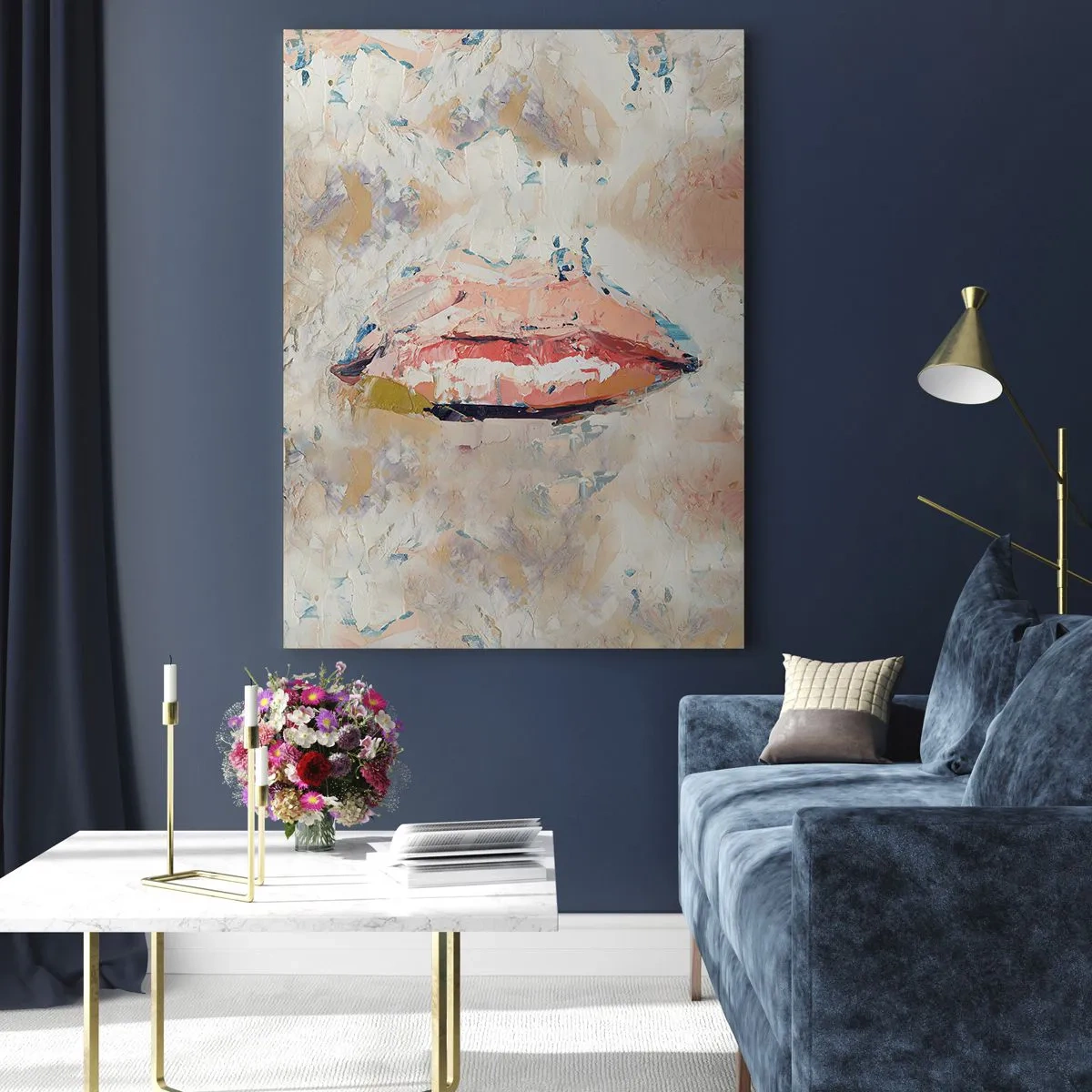 Impression sur verre - Image sur verre - Une composition abstraite représentant les lèvres d'une femme aux couleurs pastel. - 70x100cm - Éveil la pensée - Décoration murale moderne pour le salon et la chambre ARTTOR