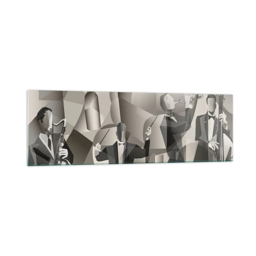 Impression sur verre - Image sur verre - Scène abstraite avec des musiciens de jazz dans des tons de gris. - 160x50cm - Dans l'espace des sons - Décoration murale moderne pour le salon et la chambre ARTTOR