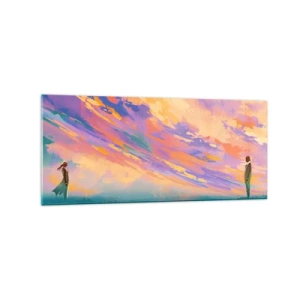 Impression sur verre - Image sur verre - Une scène dynamique avec des personnages sur fond de ciel coucher de soleil coloré - 120x50cm - La force d'attraction - Décoration murale moderne pour le salon et la chambre ARTTOR