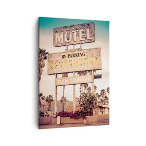 Impression sur toile - Image sur toile - Panneau de motel rétro entouré de palmiers - 50x70cm - Ici, le temps s'est arrêté - Décoration murale moderne pour le salon et la chambre ARTTOR