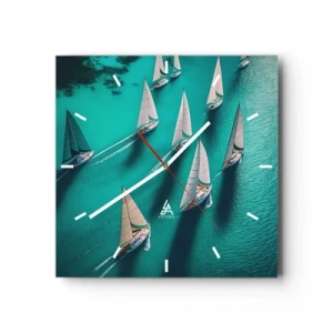 Horloge murale - Pendule murale - Yachts sur l'eau turquoise en mouvement dynamique - 30x30cm - Dans une compétition avec le vent - Décoration murale moderne pour le salon et la chambre ARTTOR