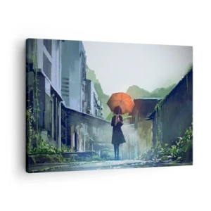 Impression sur toile - Image sur toile - Une silhouette avec un parapluie dans une ville pluvieuse - 70x50cm - Pluie vivifiante - Décoration murale moderne pour le salon et la chambre ARTTOR