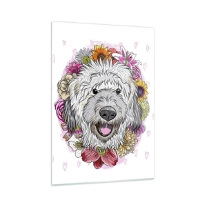 Impression sur verre - Image sur verre - Illustration d'un chien entouré de fleurs - 50x70cm - La joie du chiot - Décoration murale moderne pour le salon et la chambre ARTTOR