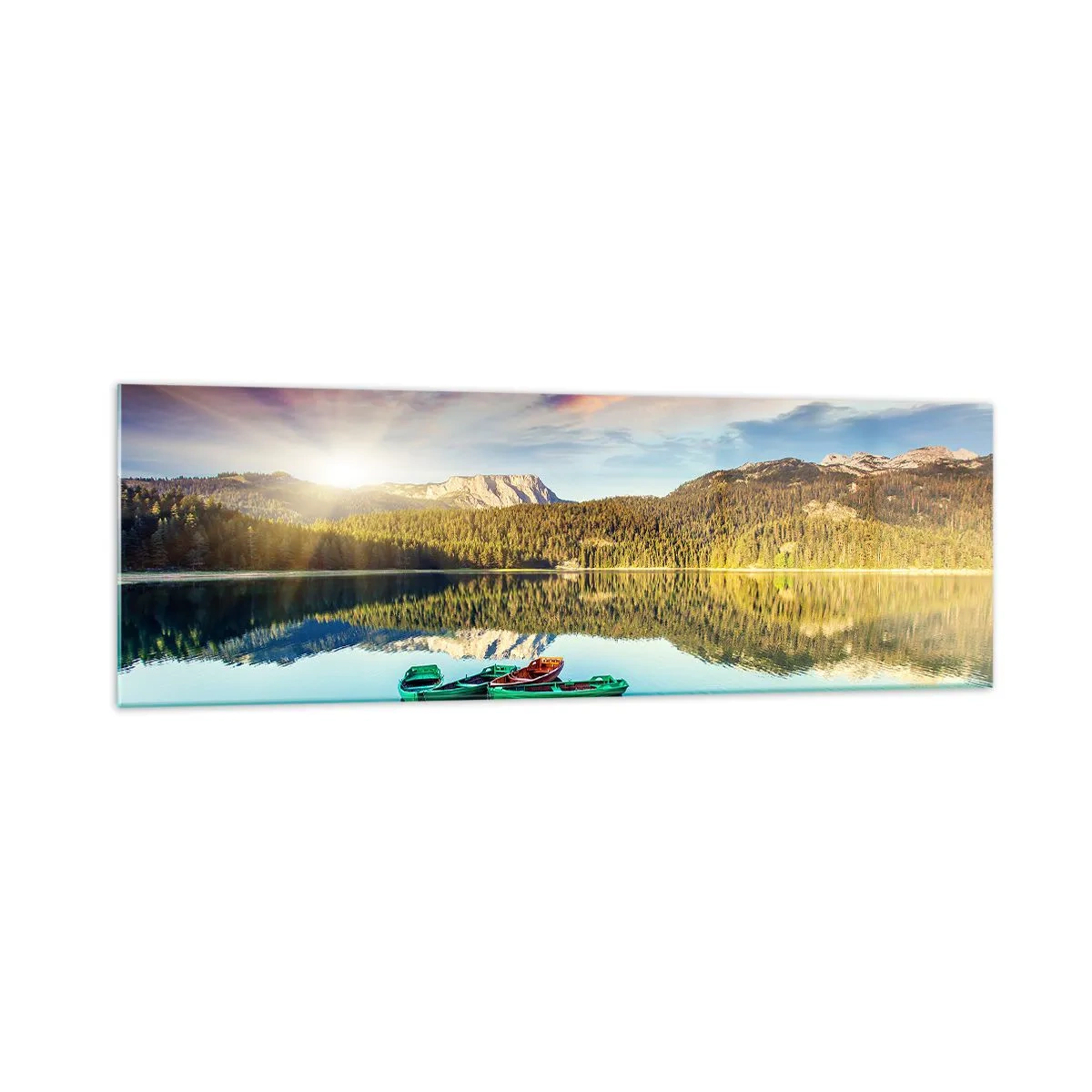 Impression sur verre - Image sur verre - Coucher de soleil sur le lac avec des bateaux à l'embarcadère - 160x50cm - Aussi lisse qu'un miroir au-dessus de l'eau - Décoration murale moderne pour le salon et la chambre ARTTOR