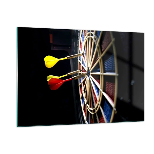 Impression sur verre - Image sur verre - Des fléchettes frappant une cible dans un environnement sombre - 120x80cm - Droit au but - Décoration murale moderne pour le salon et la chambre ARTTOR