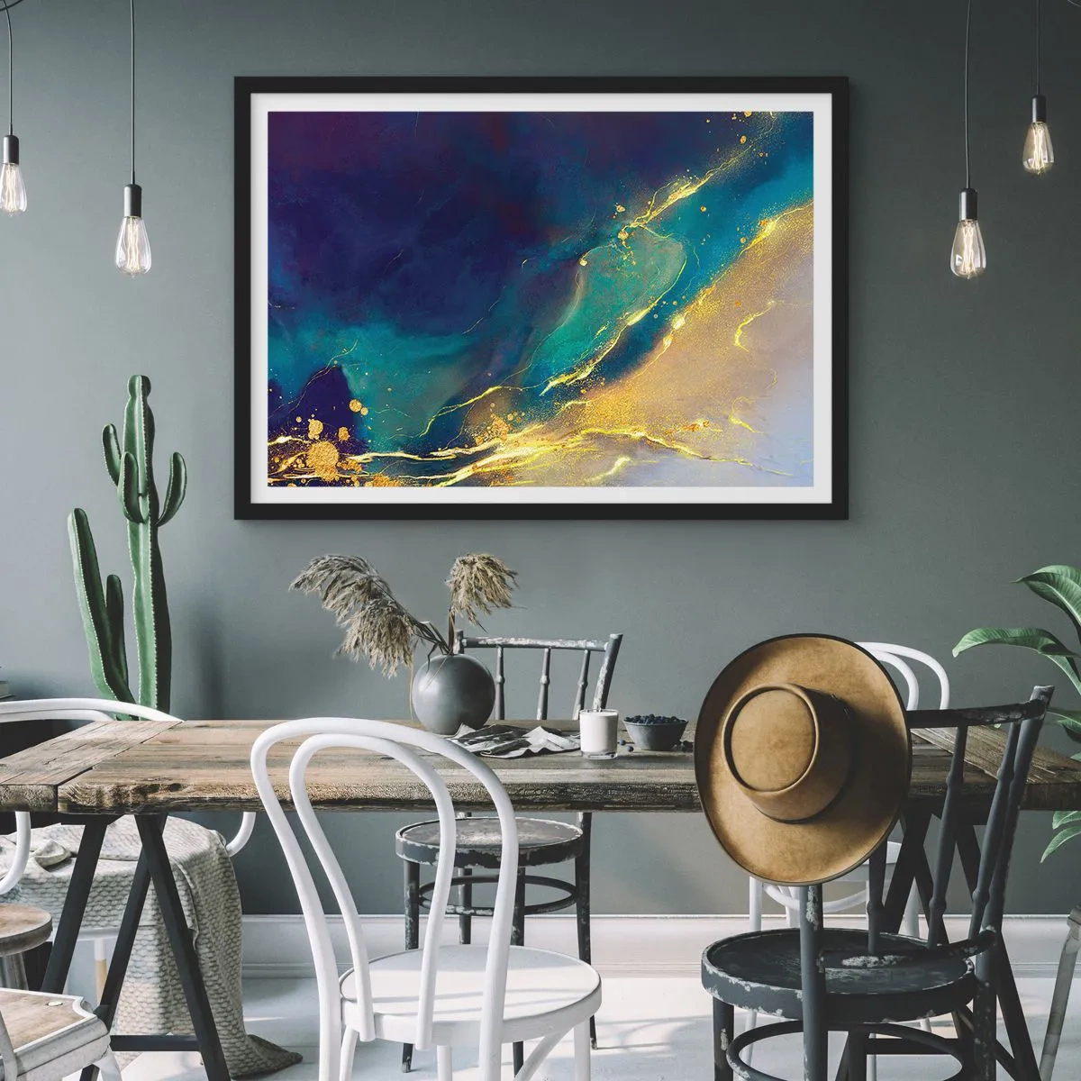 Affiche dans un cadre noir - Poster - Composition abstraite dans les tons bleu et or sur toile - 100x70cm - Coulée d'or - Décoration murale moderne pour le salon et la chambre ARTTOR