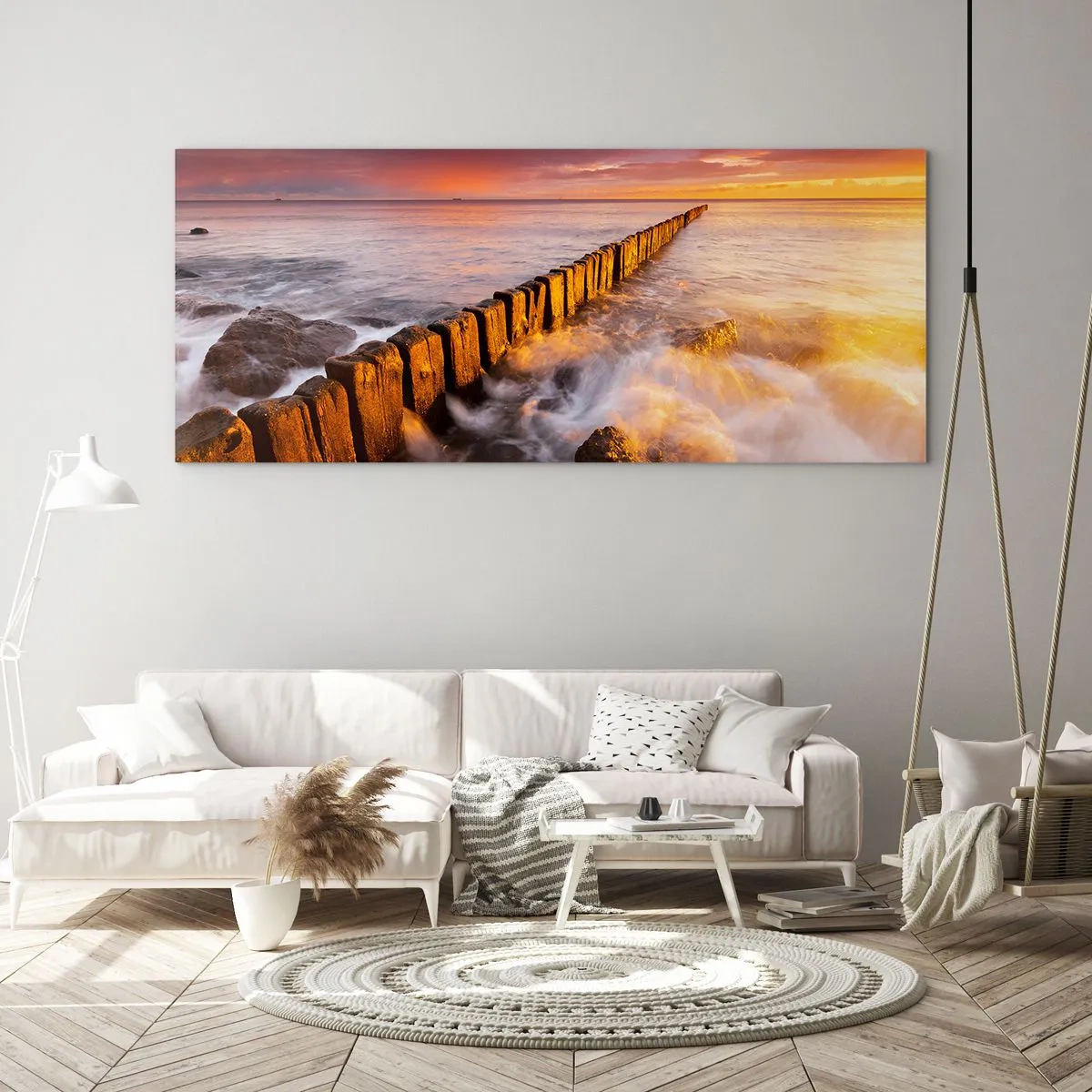Impression sur verre - Image sur verre - Un paysage pittoresque au bord de la mer au coucher du soleil - 160x50cm - La douceur des vagues - Décoration murale moderne pour le salon et la chambre ARTTOR