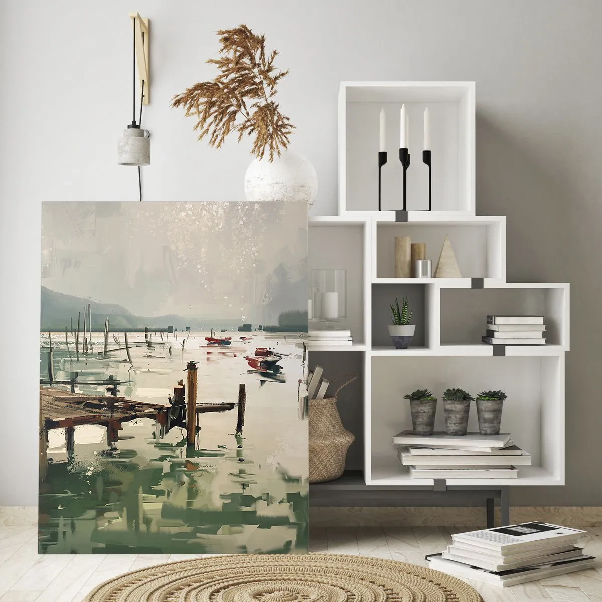 Impression sur verre - Image sur verre - Un port pittoresque avec des bateaux sur une eau calme - 80x120cm - Trempé dans une lune en fusion - Décoration murale moderne pour le salon et la chambre ARTTOR