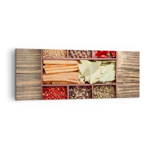 Impression sur toile - Image sur toile - Boîte en bois avec diverses épices dans des compartiments - 140x50cm - Ordre des formes, bouquet d'arômes - Décoration murale moderne pour le salon et la chambre ARTTOR