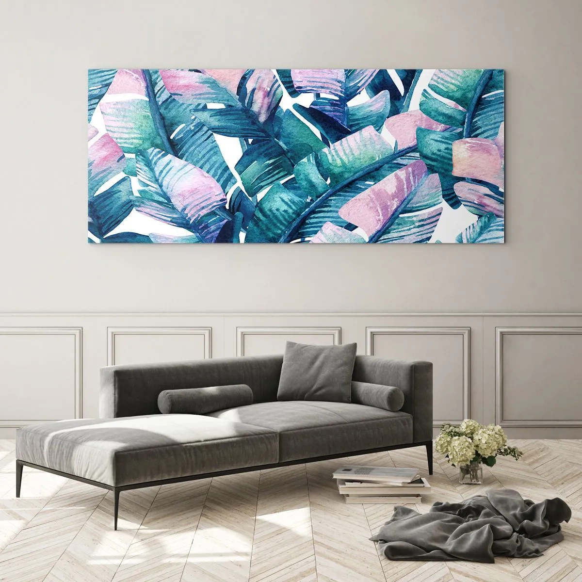Impression sur verre - Image sur verre - Feuilles de bananier dans les tons bleu et rose - 120x50cm - Dans une bananeraie - Décoration murale moderne pour le salon et la chambre ARTTOR