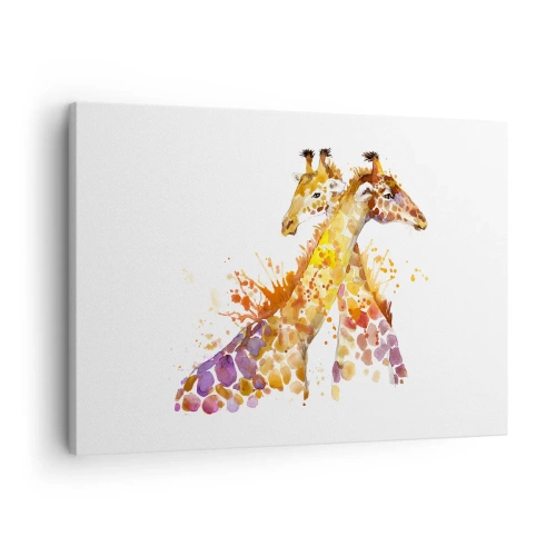 Impression sur toile - Image sur toile - Girafes à l'aquarelle aux tons colorés - 70x50cm - Est-ce de l'amitié ou de l'amour? - Décoration murale moderne pour le salon et la chambre ARTTOR