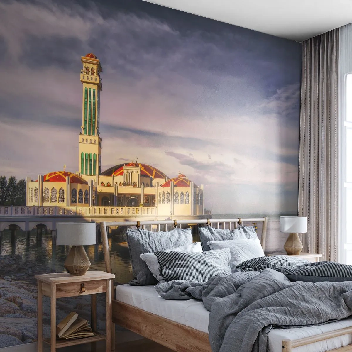 Papier Peint Photo Premium Canvas - Un bâtiment impressionnant avec un minaret sur l'eau entouré d'un paysage paisible - 100x70cm - Temple de la nature - Décoration murale moderne pour le salon et la chambre ARTTOR