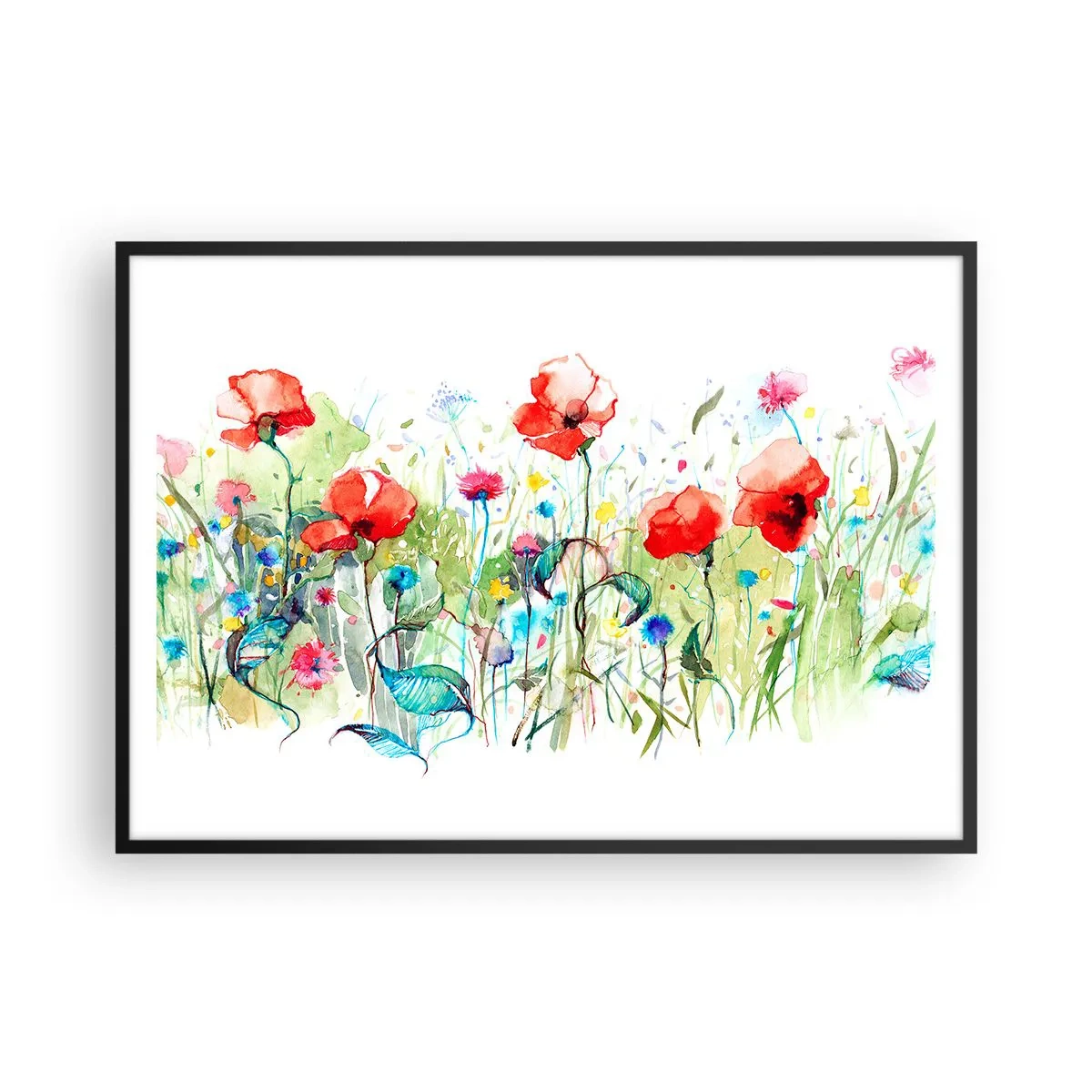 Affiche dans un cadre noir - Poster - Une prairie avec des coquelicots rouges et des fleurs colorées à l'aquarelle - 100x70cm - Prairie de fleurs en mai - Décoration murale moderne pour le salon et la chambre ARTTOR