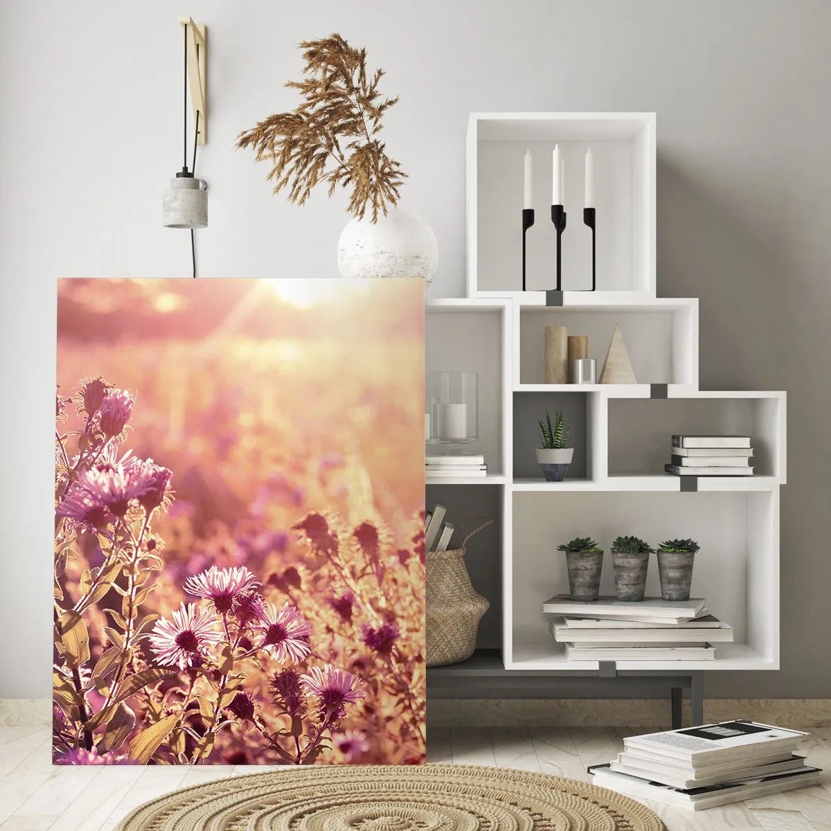 Impression sur verre - Image sur verre - Fleurs violettes dans la prairie à la lumière du soleil couchant - 50x70cm - Avant que l'été ne parte - Décoration murale moderne pour le salon et la chambre ARTTOR