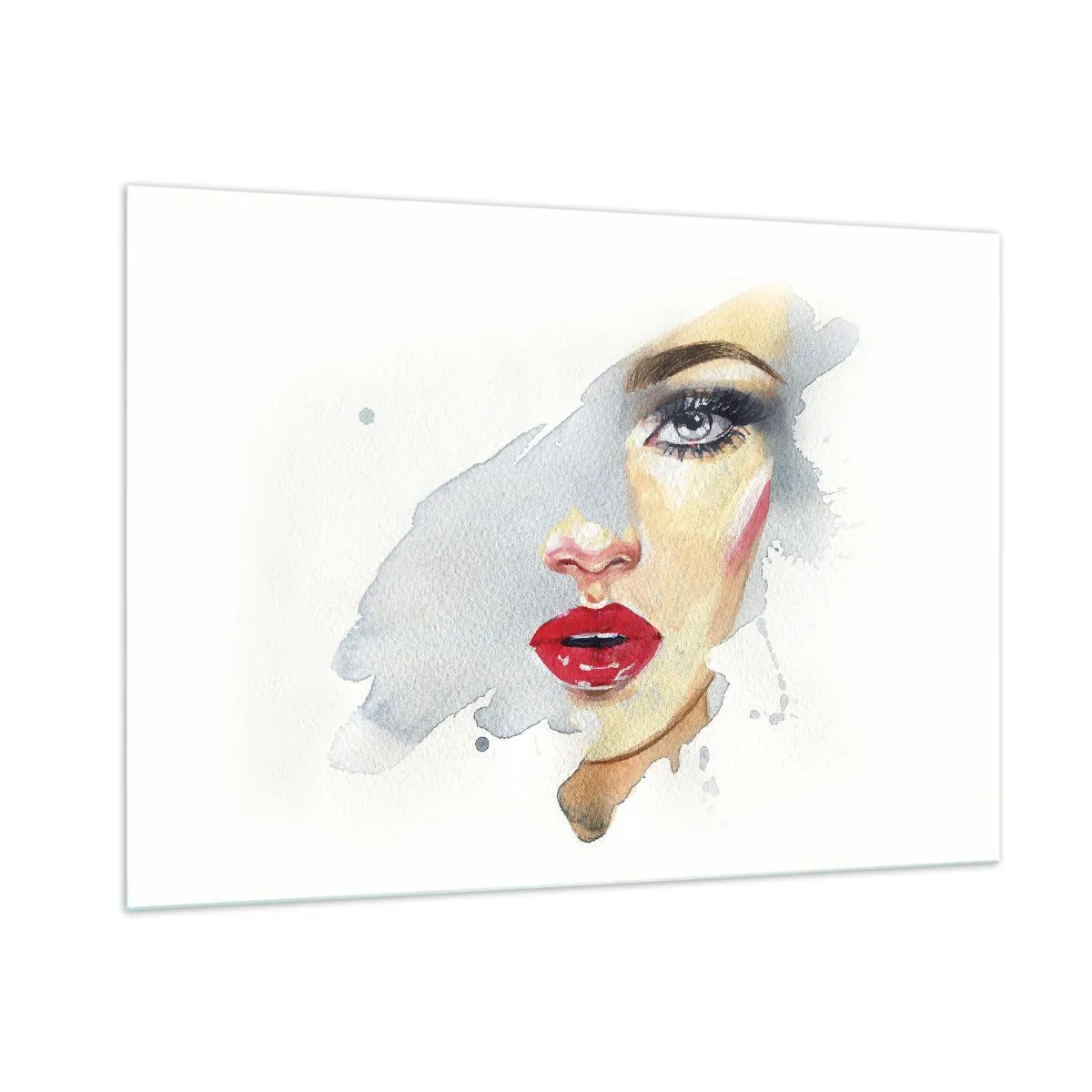 Impression sur verre - Image sur verre - Portrait à l'aquarelle d'une femme aux lèvres rouges - 100x70cm - Reflet dans une goutte d'eau - Décoration murale moderne pour le salon et la chambre ARTTOR