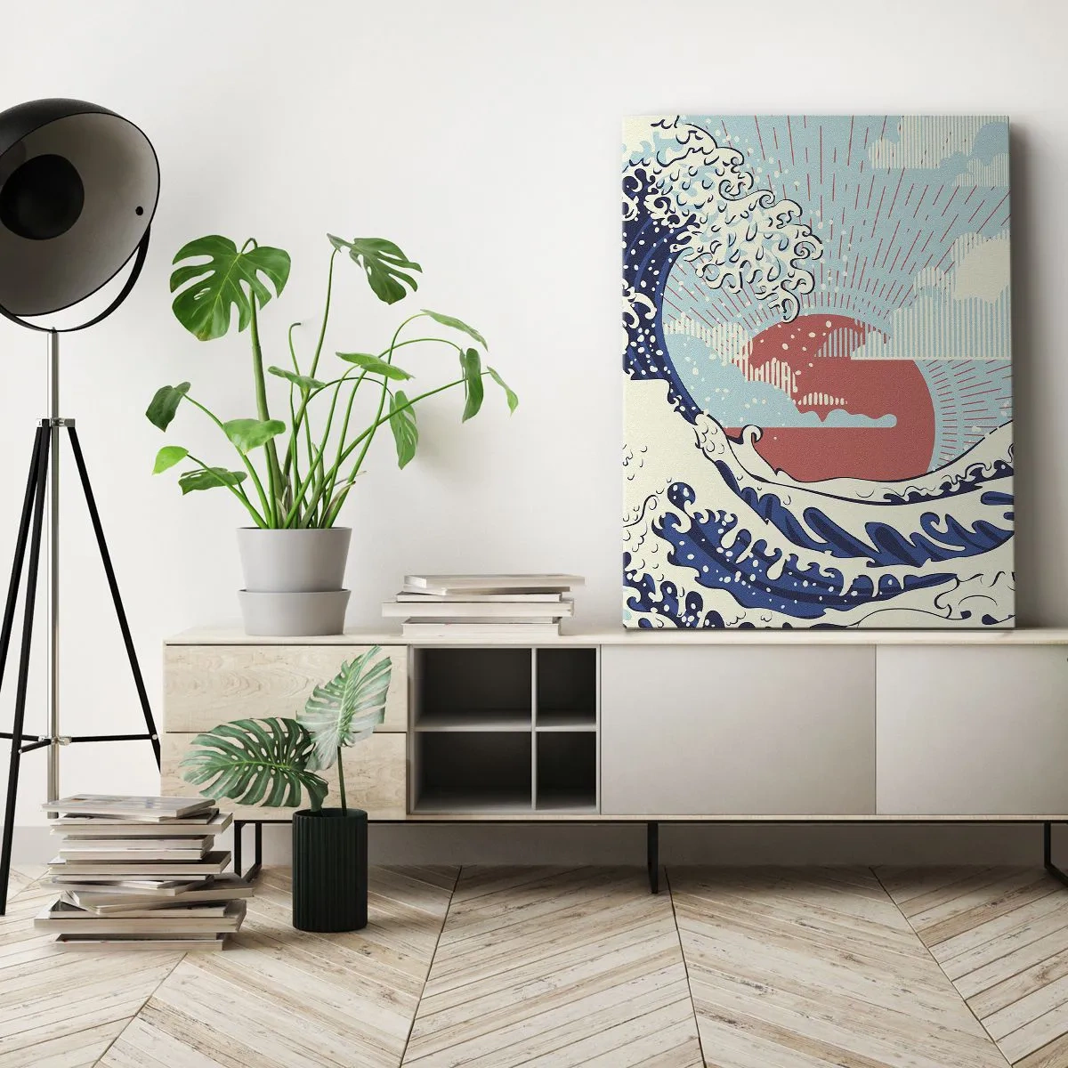 Impression sur toile - Image sur toile - Vagues de l'océan et coucher de soleil à la japonaise - 70x100cm - D'une inspiration japonnaise - Décoration murale moderne pour le salon et la chambre ARTTOR