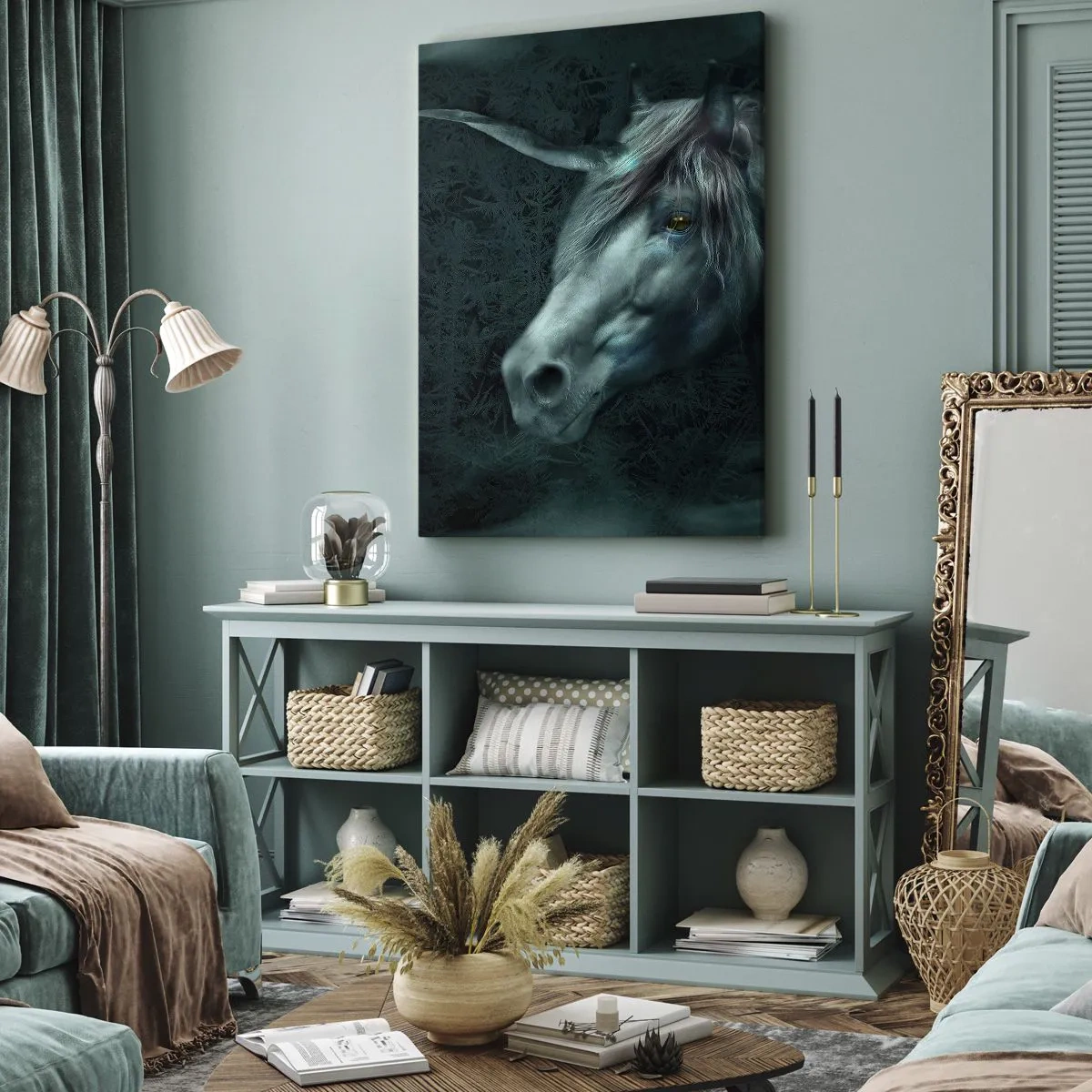 Impression sur toile - Image sur toile - Une licorne magique dans une forêt mystérieuse et sombre aux couleurs fantastiques. - 50x70cm - Dans une forêt de conte de fées - Décoration murale moderne pour le salon et la chambre ARTTOR