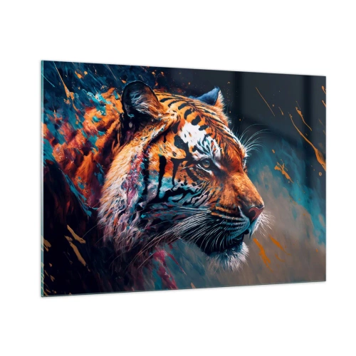 Impression sur verre - Image sur verre - Portrait d'un tigre dans une explosion artistique de couleurs - 100x70cm - Beauté sauvage - Décoration murale moderne pour le salon et la chambre ARTTOR