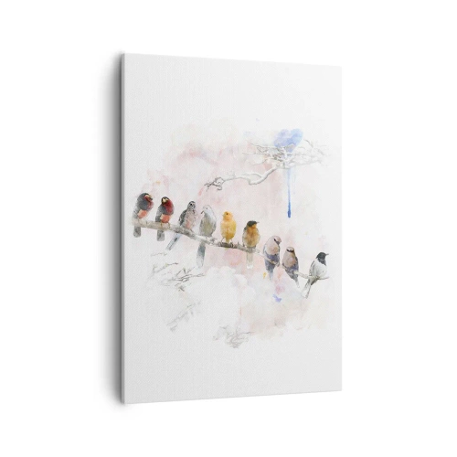 Impression sur toile - Image sur toile - Oiseaux colorés sur une branche dans un style aquarelle - 50x70cm - Rencontre ailée - Décoration murale moderne pour le salon et la chambre ARTTOR