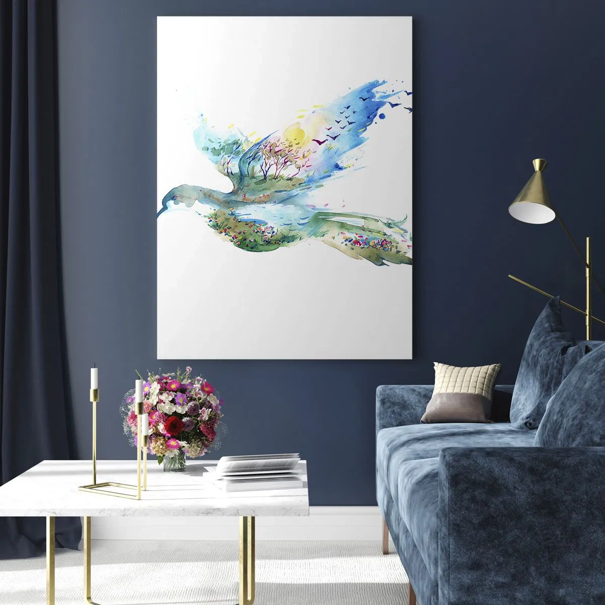 Impression sur verre - Image sur verre - Composition à l'aquarelle d'un oiseau avec des éléments de la nature - 80x120cm - Sur les ailes de la nature - Décoration murale moderne pour le salon et la chambre ARTTOR