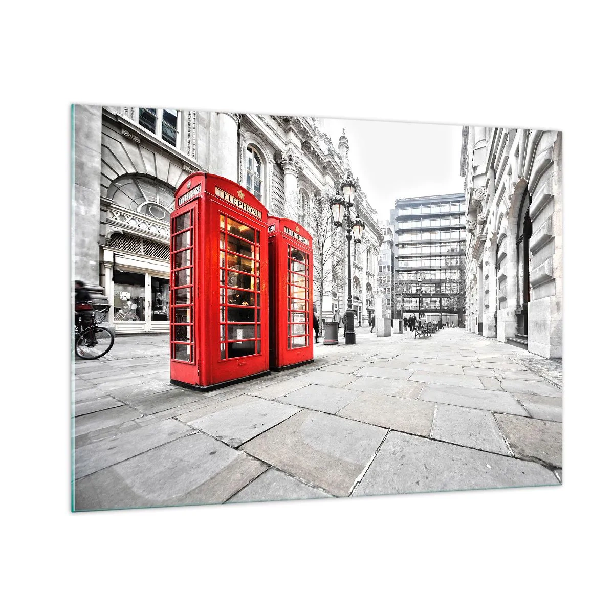 Impression sur verre - Image sur verre - Cabines téléphoniques rouges sur fond de rue - 100x70cm - Welcome to London - Décoration murale moderne pour le salon et la chambre ARTTOR