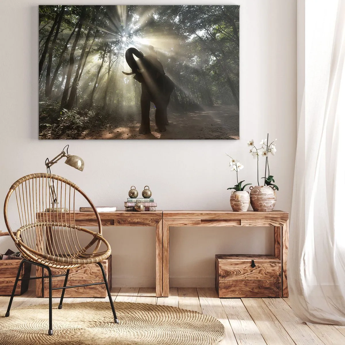 Impression sur toile - Image sur toile - Un éléphant dans la forêt entouré de rayons de lumière dans la brume matinale - 120x80cm - Sous la bonne étoile - Décoration murale moderne pour le salon et la chambre ARTTOR