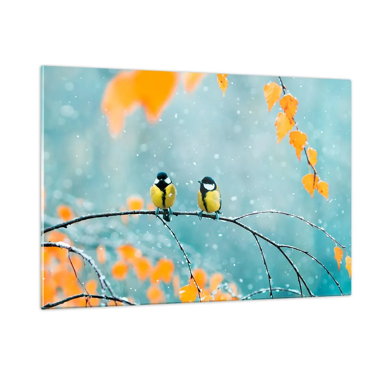 Impression sur verre - Image sur verre - Deux mésanges assises sur une brindille parmi les feuilles qui tombent - 120x80cm - Potins d'oiseaux - Décoration murale moderne pour le salon et la chambre ARTTOR