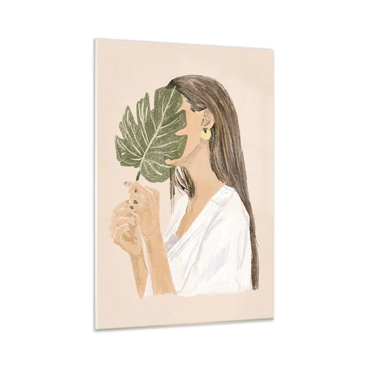 Impression sur verre - Image sur verre - Portrait d'une femme avec une feuille de monstera sur fond beige - 80x120cm - Portrait mystérieux avec un éventail - Décoration murale moderne pour le salon et la chambre ARTTOR