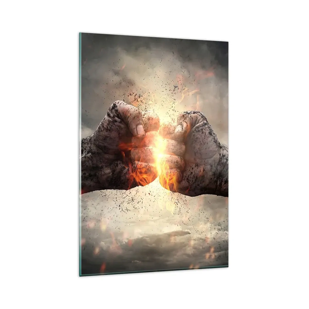 Impression sur verre - Image sur verre - Poings serrés dans une scène d'incendie dynamique - 80x120cm - Lève-toi pour le combat - Décoration murale moderne pour le salon et la chambre ARTTOR