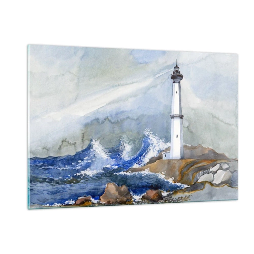 Impression sur verre - Image sur verre - Un phare au bord d'une mer agitée dans un style aquarelle - 120x80cm - Contre l'obscurité et la tempête - Décoration murale moderne pour le salon et la chambre ARTTOR