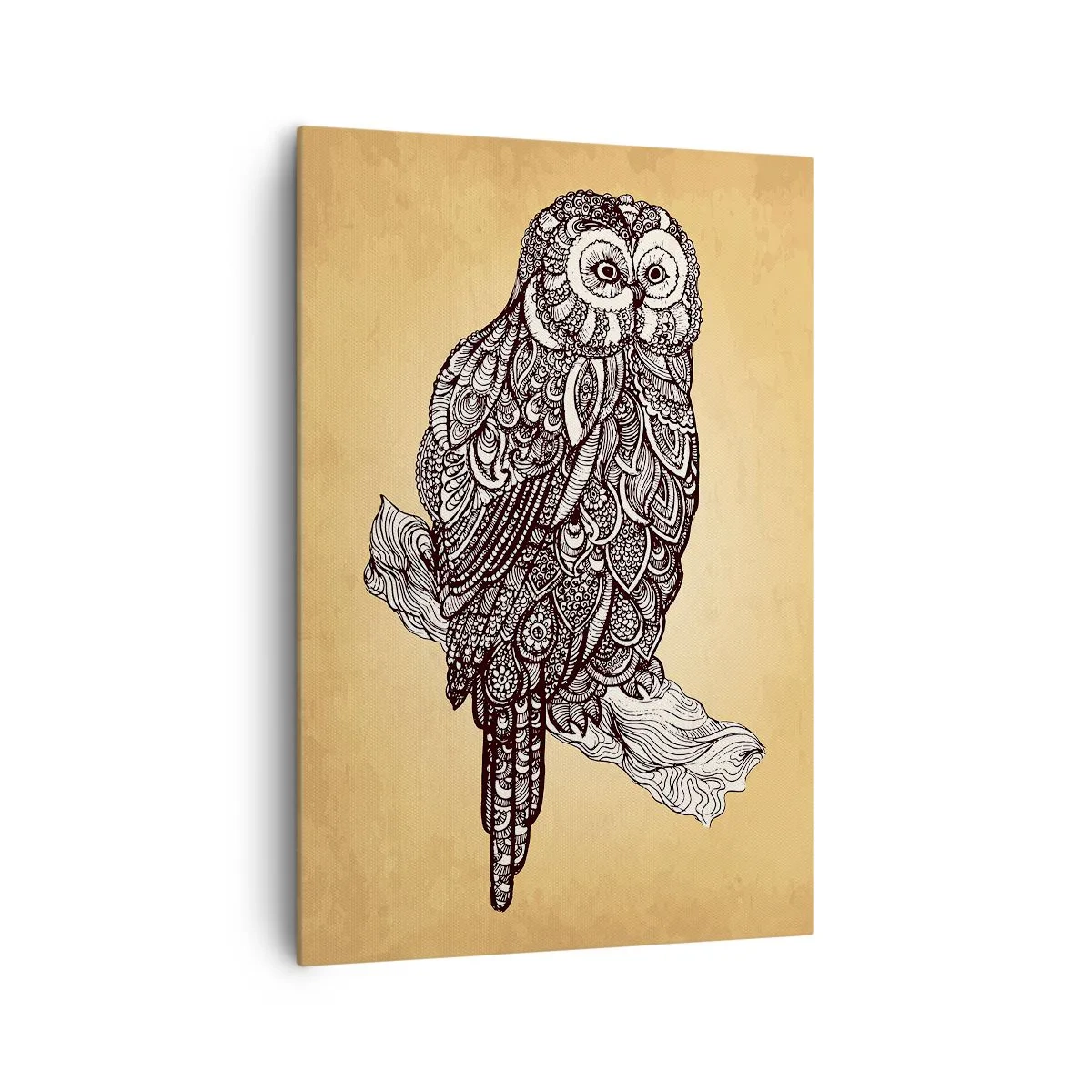 Impression sur toile - Image sur toile - Un hibou de style ornemental sur fond beige - 70x100cm - Ornements complexes de sagesse - Décoration murale moderne pour le salon et la chambre ARTTOR