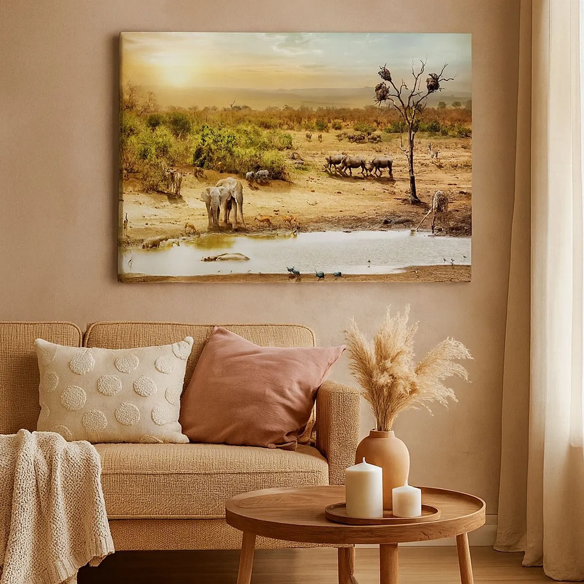 Impression sur toile - Image sur toile - Éléphants et animaux sauvages à un point d'eau au coucher du soleil - 70x50cm - "Et d'Eden coulait une rivière..." - Décoration murale moderne pour le salon et la chambre ARTTOR