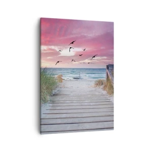 Impression sur toile - Image sur toile - Chemin en bois sur la plage au coucher du soleil rose - 50x70cm - Impression de la Baltique - Décoration murale moderne pour le salon et la chambre ARTTOR