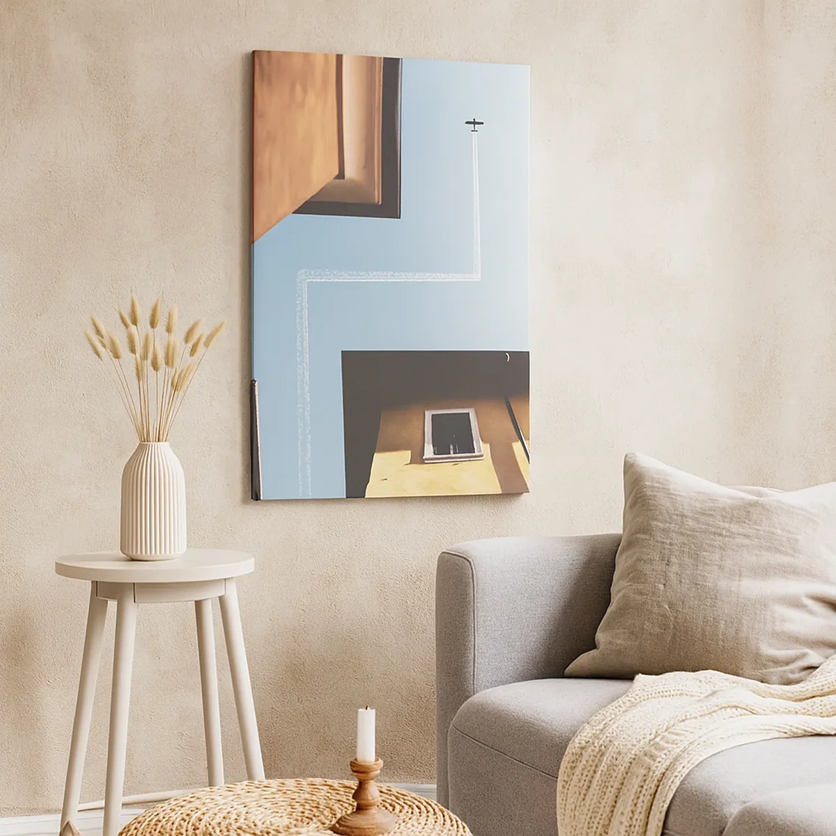 Impression sur toile - Image sur toile - Vue de l'avion et de sa traînée dans le ciel depuis une perspective de rue - 50x70cm - Au-dessus du labyrinthe de la ville - Décoration murale moderne pour le salon et la chambre ARTTOR