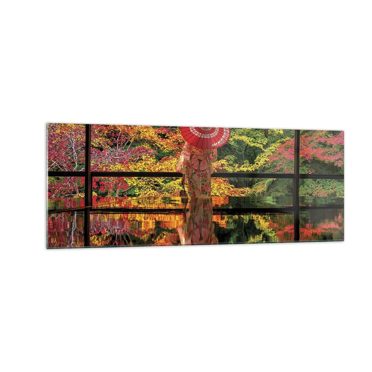 Impression sur verre - Image sur verre - Une femme en kimono avec un parapluie sur fond de paysage d'automne. - 140x50cm - Dans le temple de la nature - Décoration murale moderne pour le salon et la chambre ARTTOR