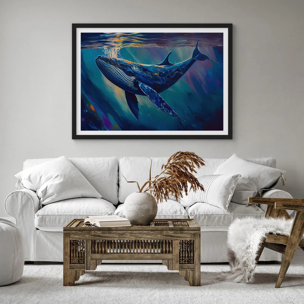 Affiche dans un cadre noir - Poster - Une baleine dans les profondeurs de l'océan aux couleurs lumineuses - 70x50cm - Bienvenue dans mon monde - Décoration murale moderne pour le salon et la chambre ARTTOR
