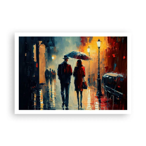 Affiche - Poster - Marcher sous la pluie sous un parapluie en ville la nuit - 100x70cm - Histoire d'amour urbaine - Décoration murale moderne pour le salon et la chambre ARTTOR